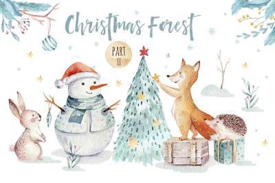 Watercolor Christmas forest II
