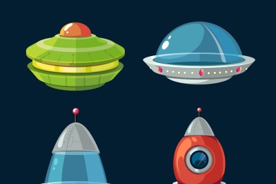 Spaceship and spacecrafts cartoon set for space computer or smartphone