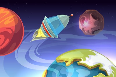 Space vector cartoon comic background with spaceship and planets