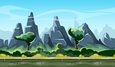 Cartoon nature landscape with trees and mountains