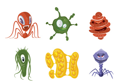 Bacteria virus germs cartoon vector characters, flu and aids microbes