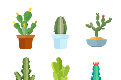 Cartoon cactus, desert plants vector icons