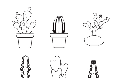 Vector hand drawn outline cactus, desert thorn tree set