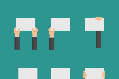 Vector flat business concept with hands holding empty signs or blank p