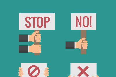 Hands holding No, Stop, Cross, Forbid protest signs. Vector flat set