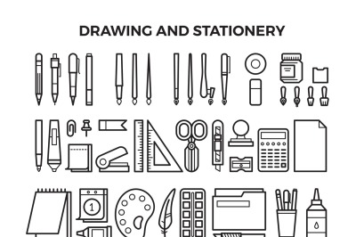 Office stationery and drawing tools line icons