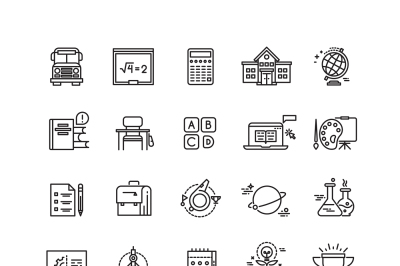 Education, school, science, learning thin line vector icons