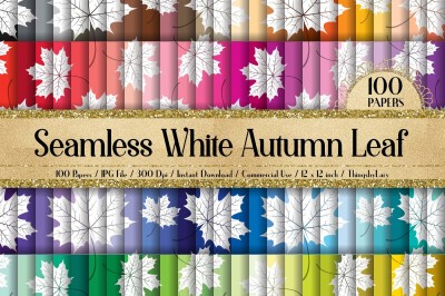 100 Seamless White Autumn Leaves Pattern Digital Papers