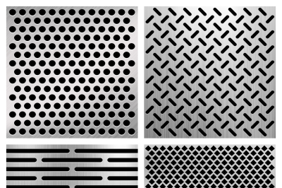 Industrial metal perforated vector textures, metallic grids set