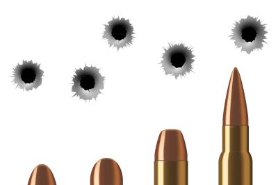 Vector shot gun bullets and bullet holes isolated on white