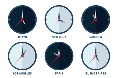 World clocks for time zones of different cities vector set