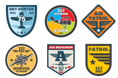 Army jet, aviation, air force vector labels, patch badges, emblems and