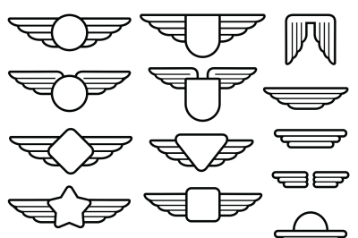 Wing army emblems, aviation badges, pilot labels line vector set