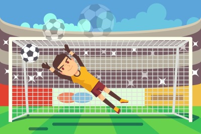 Soccer, football goalkeeper catching ball in goal vector illustration