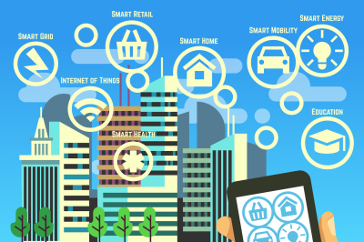 Smart city vector flat concept with internet thing, business communica