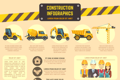 Construction infographic vector template with machinery&2C; charts&2C; diagr