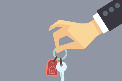 Hand giving house keys. vector real estate, buying home concept