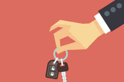 Hand giving car key. Vector rent and sale flat concept