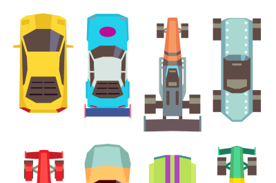 Sport race cars top view flat vector icons