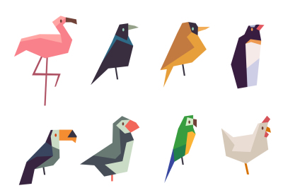 Cute birds vector flat icons set