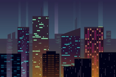 Night city, buildings with glowing windows at dusk vector urban backgr