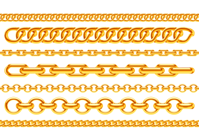 Realistic gold necklace chains vector brushes set