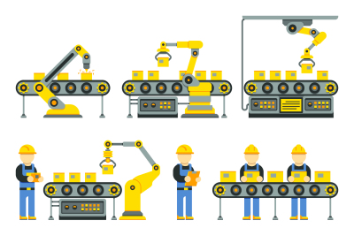 Manufacturing process with production factory line vector flat icons