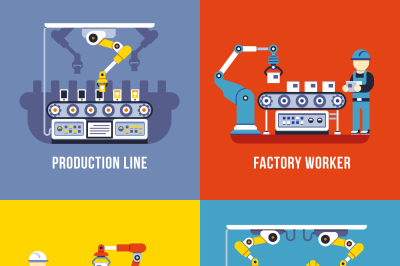 Manufacturing industry, production line, factory worker vector flat co