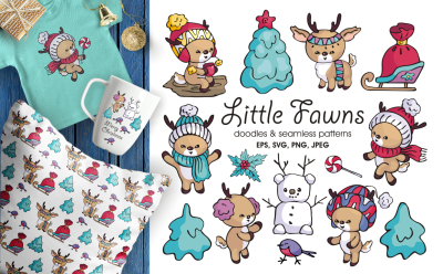 Little fawns. Christmas doodles and seamless patterns