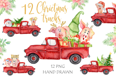 Christmas truck with xmas trees, sants and cute pigs