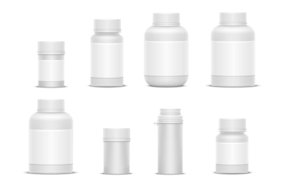 Realistic vector plastic packaging medicine bottles for cosmetics vita