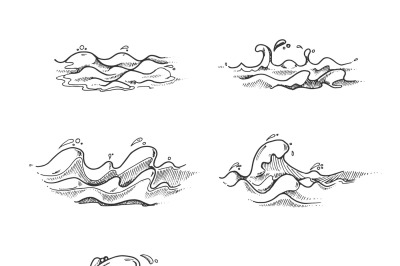 Sea and ocean waves, water splashes in vector hand drawn, sketch, dood