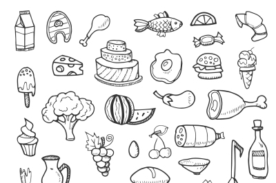 Vegetables, drinks, snacks, fast food doodle sketch hand drawn vector 
