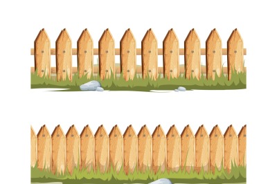 Wooden fences with grass and stones. Seamless vector cartoon backgroun