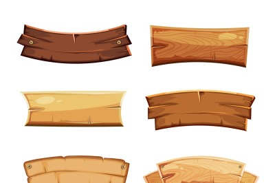 Cartoon wood blank banners and ribbons, western signs vector set