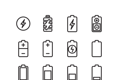 Electric battery, phone charging thin line vector icons