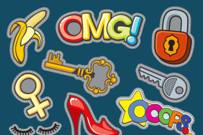 Fashion patch badges 80s-90s girl style vector set