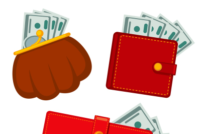 Wallet with money, green dollars. earnings vector flat icons