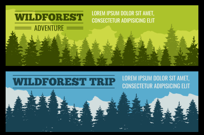 Journey&2C; camping vector banners set with pine tree silhouettes