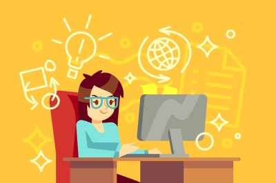 Creative girl work at home office with computer vector illustration