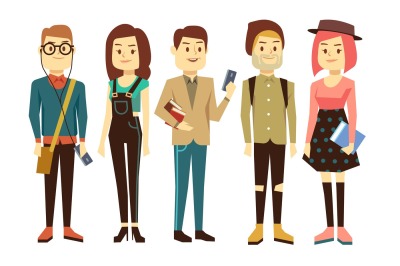 Teenagers, students with gadgets and books vector characters set