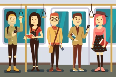 Man and woman with smartphone, gadgets book in public transport vector