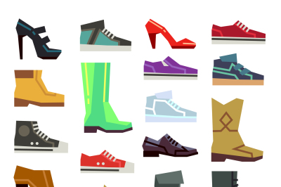 Different footwear casual shoes vector set