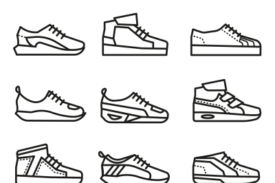 Sneakers, running shoes vector thin line icons set