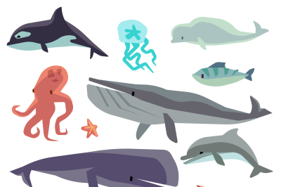 Sea marine fish and animals flat vector set