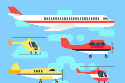 Aircraft&2C; airplane&2C; plane&2C; helicopter flat icons vector set