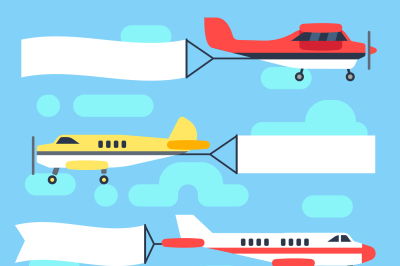 Flying airplanes and helicopters with blank banners flags vector set