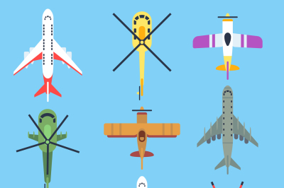 Airplane&2C; plane&2C; helicopter&2C; jet top view flat vector icons