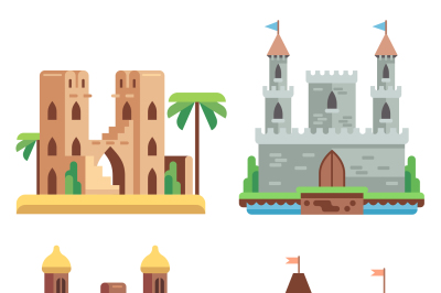 Castles and fortresses flat vector icons set. Cartoon fairy medieval w