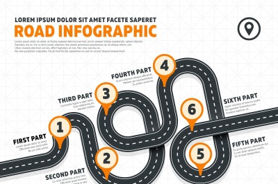 Street, road business marketing vector infographics template with pin 